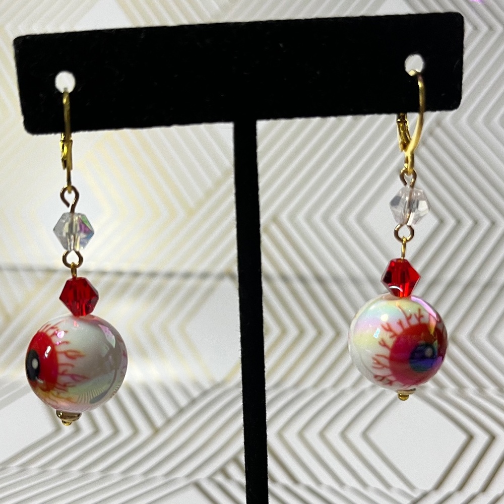 Halloween Hand Crafted Red and White Eyeball Dangle Earrings